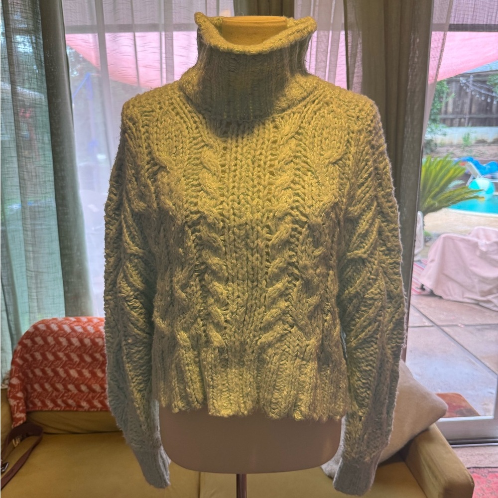 Anthropologie Mint / Teal Cable Knit Oversized Cropped Sweater